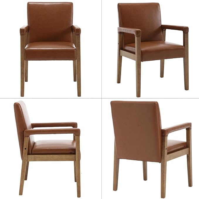 Kmax Modern Dining Chairs Set of 2 Faux Leather Kitchen Arm Chairs Upholstered Accent Chairs with Wooden Legs for Dining Room, Living Room, Bedroom, Brown
