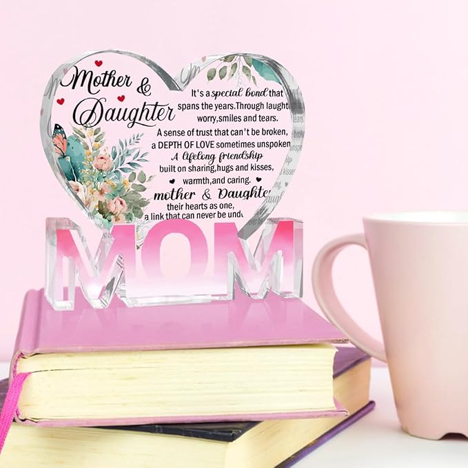 Mothers Day Gifts Best Mom Gifts -Gifts for Mom from Daughter Son - Best Mom Ever Gifts Unique Mother Birthday Acrylic Heart-Shaped Plaque Desk Decorations Present for Mom Christmas Anniversary