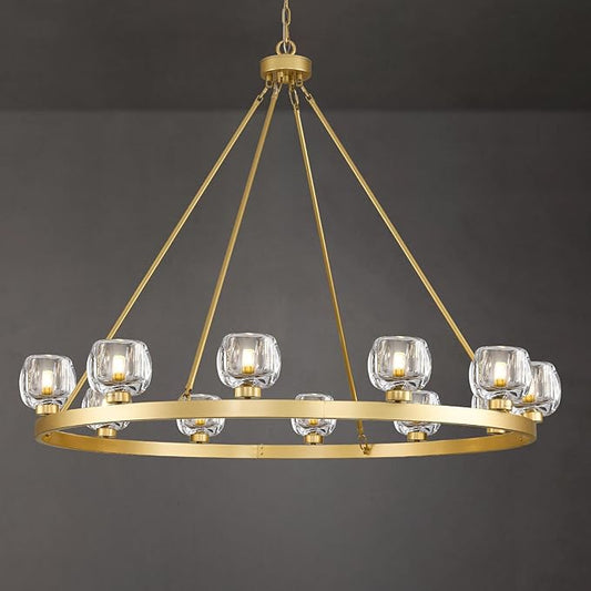 Gold Wagon Wheel Chandelier, 48 Inch Brass Chandeliers with Unique Glass Shade, 12-Light Crystal Large Wagon Wheel Chandeliers for Dining Room, High Ceiling Round Chandelier for Living Room, Foyer