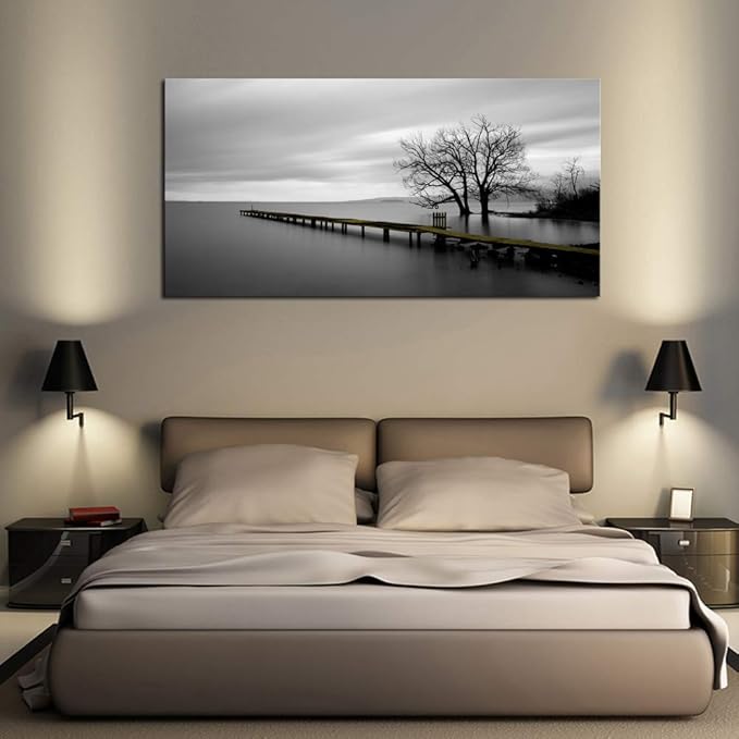 DZL Art S74962 Canvas Prints Modern Minimalist Black and White Lake Trees Landscape Wall Art Painting for Living Room Bedroom Decor Office Wall Decor Home Decoration