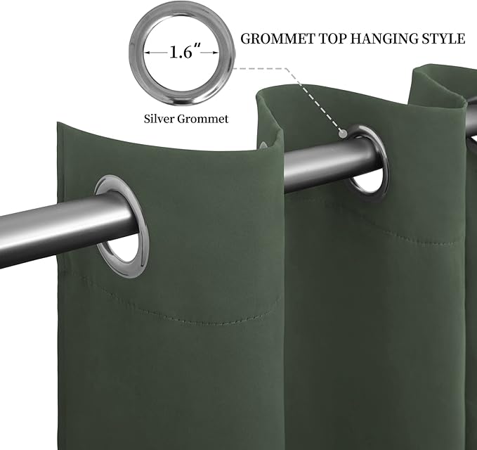 Easy-Going Blackout Curtains for Bedroom, Solid Thermal Insulated Grommet and Noise Reduction Window Drapes, Room Darkening Curtains for Living Room, 2 Panels (52x96 in,Greyish Green)