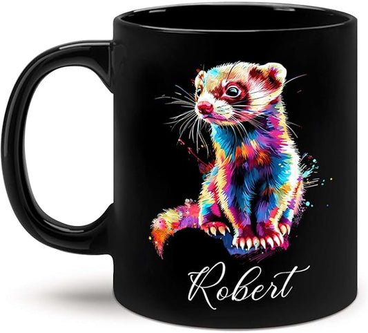 Custom Choose Name Ferret Coffee Mug, Colorful Animal Ceramic Cup, Gift For Ferret Lovers, Personalized 11oz & 15oz Mugs