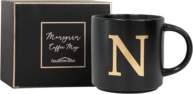 COLLECTIVE HOME - Monogram Ceramic Mugs, 15 oz Golden Initial Black Coffee Cups, Elegant Alphabet Tea Mugs, Elegant Personalized Mug with Gift Box, Unique Mug with Double Side Capital Lette (N)