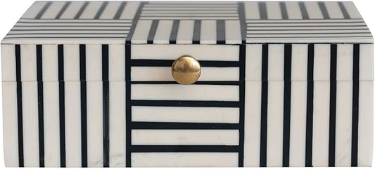 Modern Resin Box with Striped Block Pattern and Gold Clasp, Black and White