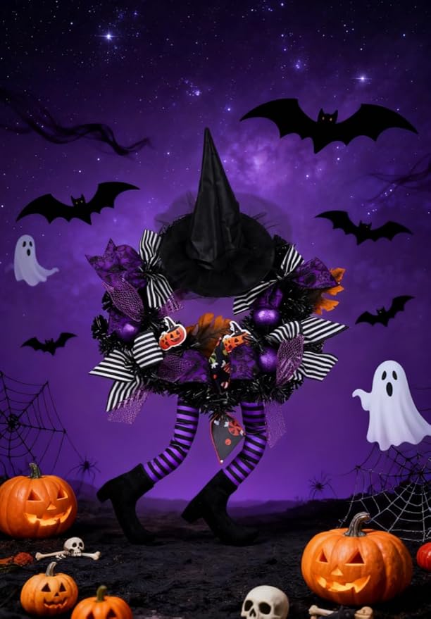 Happy Halloween Wreath for Front Door Decoration with Skeleton Artificial Bone Orange Ornaments Maple Leaf for Party Decor (Halloween Purple)
