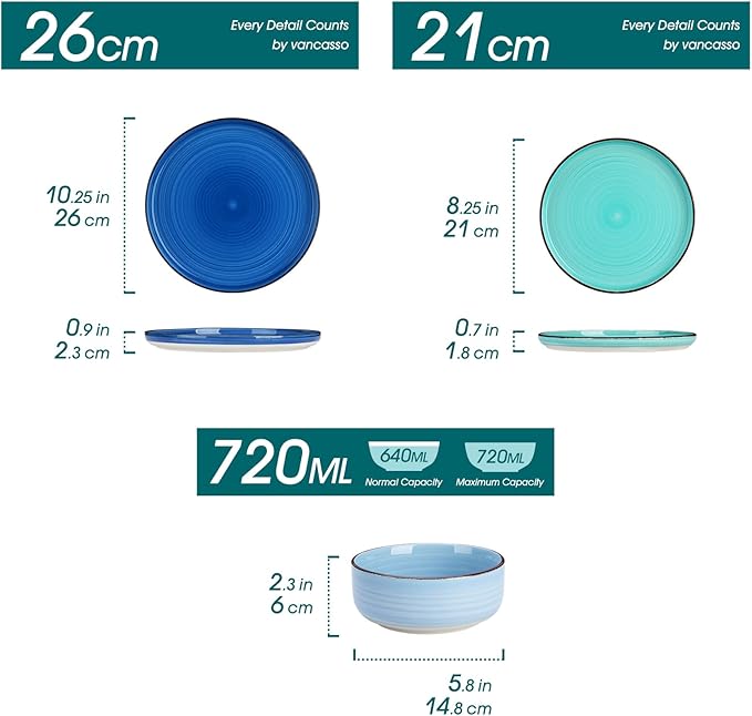 Vancasso Bonita Dinnerware Set - 18 Piece Blue Stoneware Dishes for 6, Plates and Bowls, Dishwasher and Microwave Safe