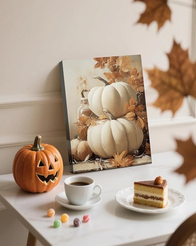 Farmhouse Autumn Pumpkin Wall Art Decor, Rustic Fall Canvas Prints Framed for Living Room Kitchen Dining Room, Thanksgiving Decorations and Cozy Fall Wall Art Picture, Ready to Hang