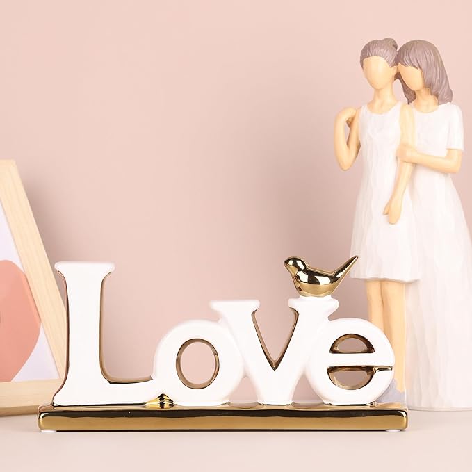 Love Sign Decoration,White and Gold Love Signs for Home Decor Statue,Modern Bird Sculpture Personalized Love Decor,Gold Style Figurine Decorative Ornaments for Living Room,Bedroom,Desktop,Cabinets