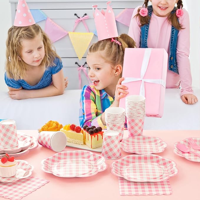 350 Pcs Pink Gingham Plates and Napkins Party Supplies - Pink and White Checkered Plates Sets Serve 50 Guests - Scalloped Gingham Paper Plate for Birthday Wedding Picnic Party Decorations