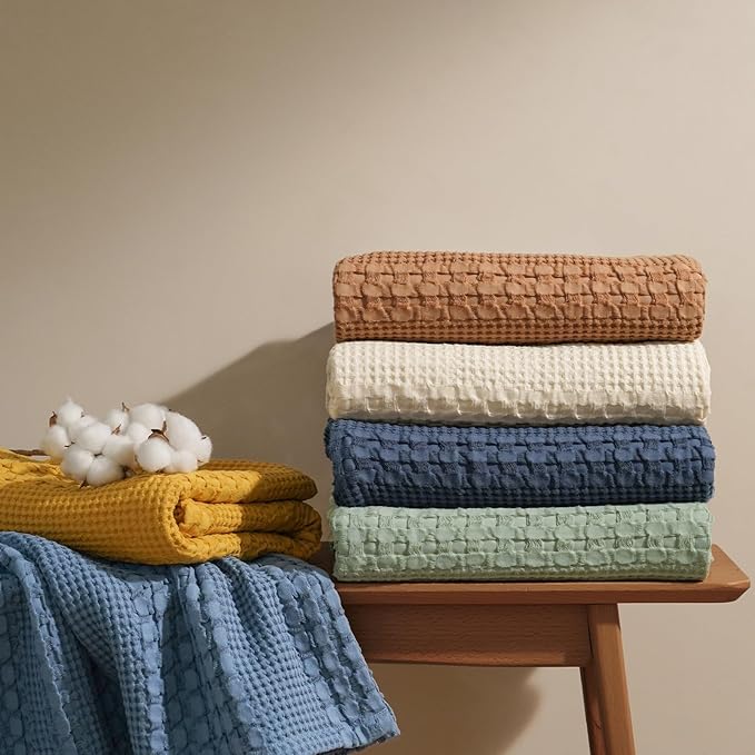 PHF 100% Cotton Waffle Weave Blanket Twin Size, Soft Lightweight Breathable Cozy Summer Blankets for Bed, Luxury Aesthetic Woven Bedding for Home Decor, 66"x90", Oatmeal