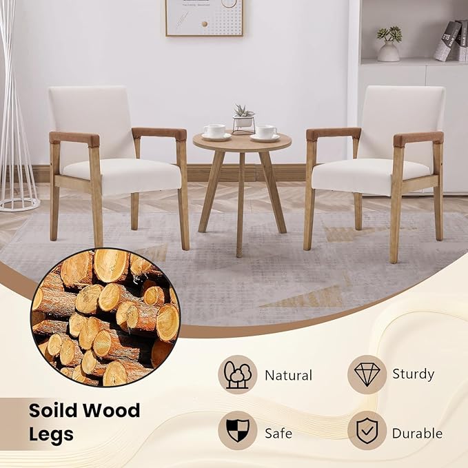 Kmax Modern Dining Chairs Set of 2 Linen Fabric Kitchen Arm Chairs Upholstered Accent Chairs with Wooden Legs for Dining Room, Living Room, Bedroom, White
