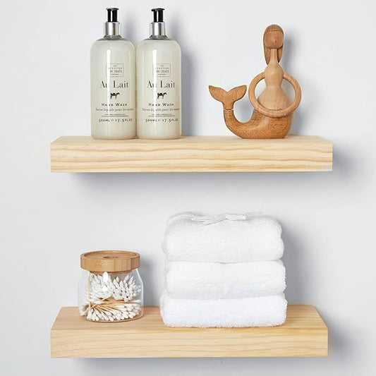 Homeforia Wood Floating Shelf 16 inch, High End Solid Natural Wood 16inch Floating Shelves for Wall Mounted, Unfinished Wooden Small Floating Shelves, Heavy Duty Bracket, 16 X 6.5 X 1.75 in, Set of 4