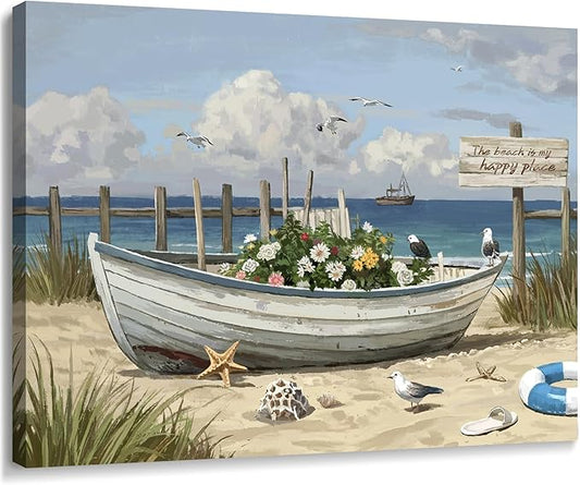 amatop Coastal Wall Art– Beach Scene Picture with Boat on Sandy Shore, Flowers and Sea Birds, Blue Ocean Seascape Themed Canvas Print Nautical Artwork for Bathroom and Bedroom Decor, Small 16x12 Inch