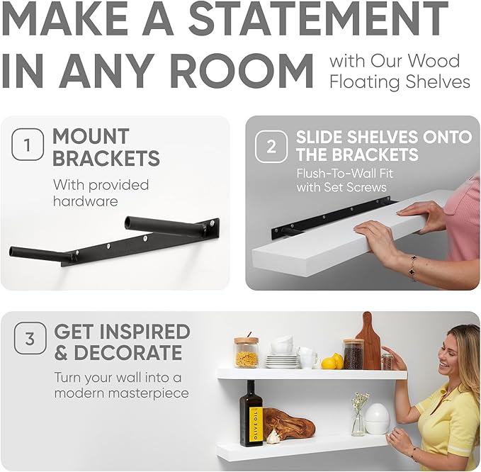 Homeforia White Floating Shelves 42 inch, High End Solid Real Wood 42inch Floating Shelf for Wall Mounted, White Wooden 42in Long Floating Shelves, Heavy Duty Bracket, 42 X 6.5 X 1.75 inches, Set of 2