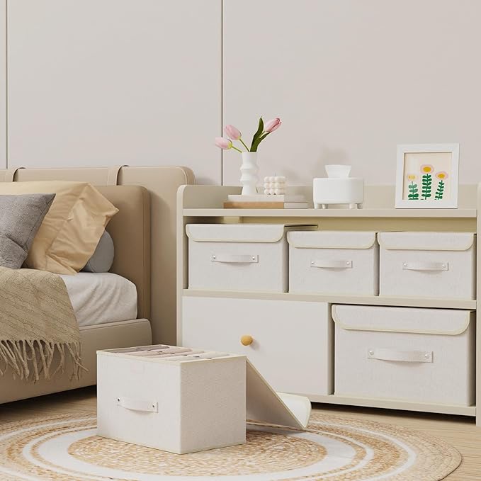 Storage Boxes, Collapsible Storage Bins with Lids, Cotton and linen cloth Storage Baskets with Handle, for Books, Closet, Bedroom, Home, 10.2x7.9x6.7 in, Beige