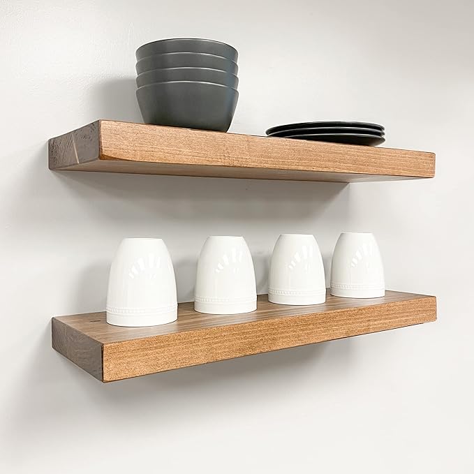URBANDI, Rustic Floating Shelves, Set of 2, Hidden Bracket, Solid Wood, Heavy Duty, Wall Mounted Shelves, (Brown, 60Wx8D)