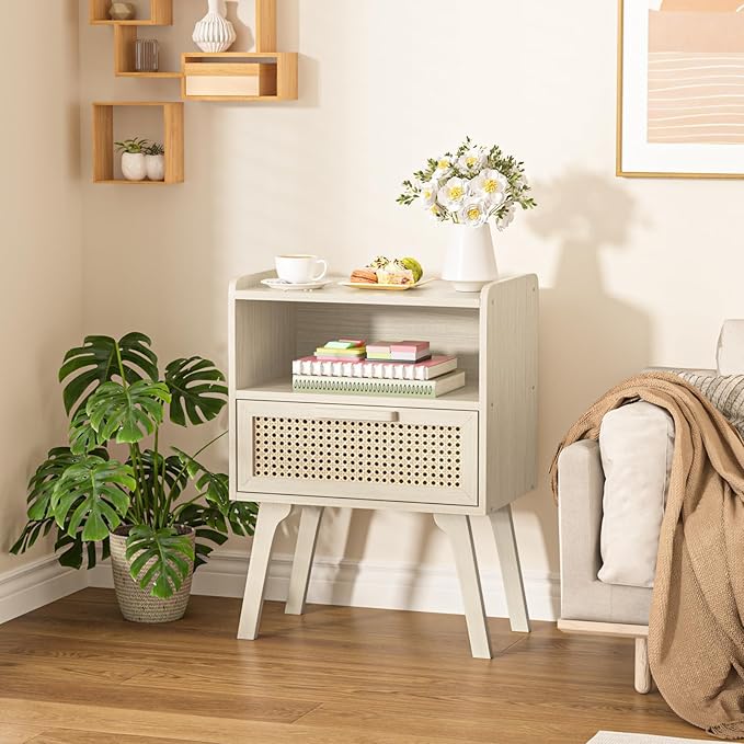 Lerliuo Rattan Nightstand, Side Table with Drawer Open Shelf, Cane Accent Bedside End Table with Solid Wood Legs, Mid Century Modern Night Stand for Bedroom, Dorm and Small Spaces (Grey White)