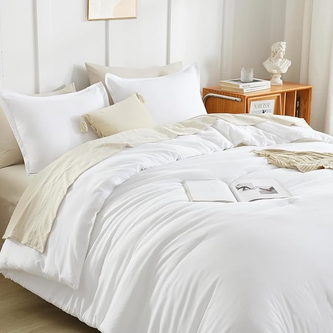 Litanika White Oversized King Comforters Super King Size, 3 Pieces Lightweight Solid Bedding Comforter Set, All Season Fluffy Bed Set (120x120In Comforter & 2 Pillowcases)