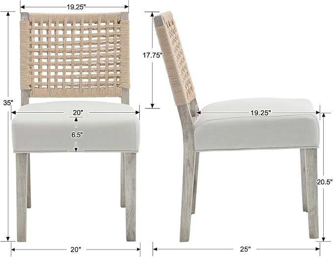 Kmax Farmhouse Dining Chairs Set of 6, Rustic Kitchen Chairs with Linen Fabric Seat and Woven Back, Vintage Accent Chairs for Dining Room, Living Room, Ivory