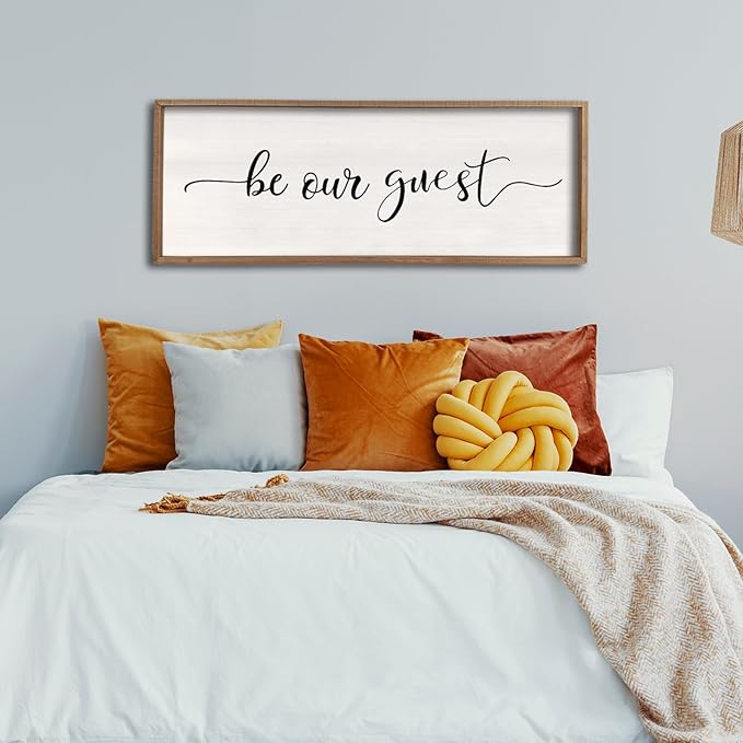 comurdyo Be Our Guest Wall Decor Sign 40”X15” Large Master Bedroom Above Bed Wall Decor Wood Framed Guest Room Sign Simple Rustic Farmhouse Over Bed Bedside Wall Art (Wood)