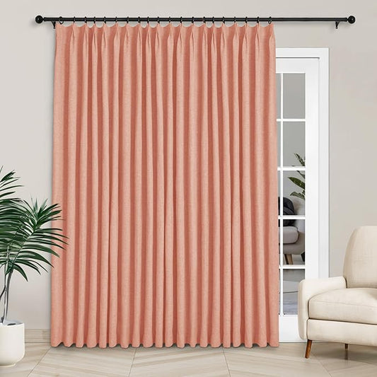 Macochico 100”Wx102”L 100% Blackout Pinch Pleated Linen Curtains for Sliding Door Bedroom Living Room Farmhouse Thermal Insulated Orange Burlap Drapes with Tieback 1 Panel Shabby Chic Style