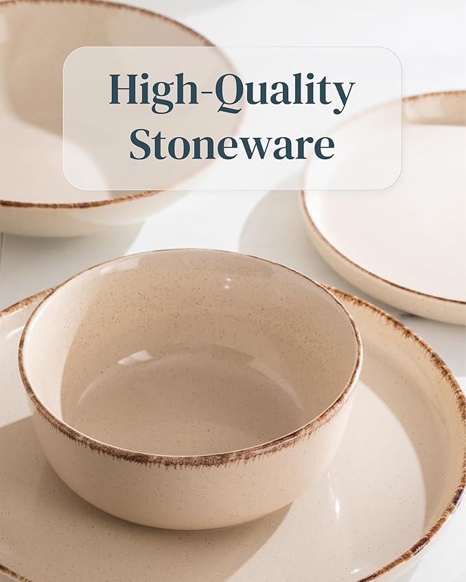 Stoneware dinnerware set 8 persons Rustic 24 pcs - Rustic design dinnerware set, dishwasher safe - Bowl and plate set - Pure Living dinnerware in beige…
