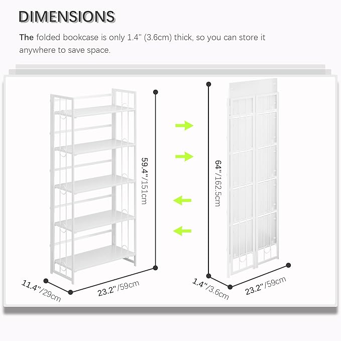 4NM No Assembly 5 Tiers Folding Bookshelf, 59.4" H Foldable Storage Shelves Vintage Bookcase Standing Racks Study Organizer Home Office - All White