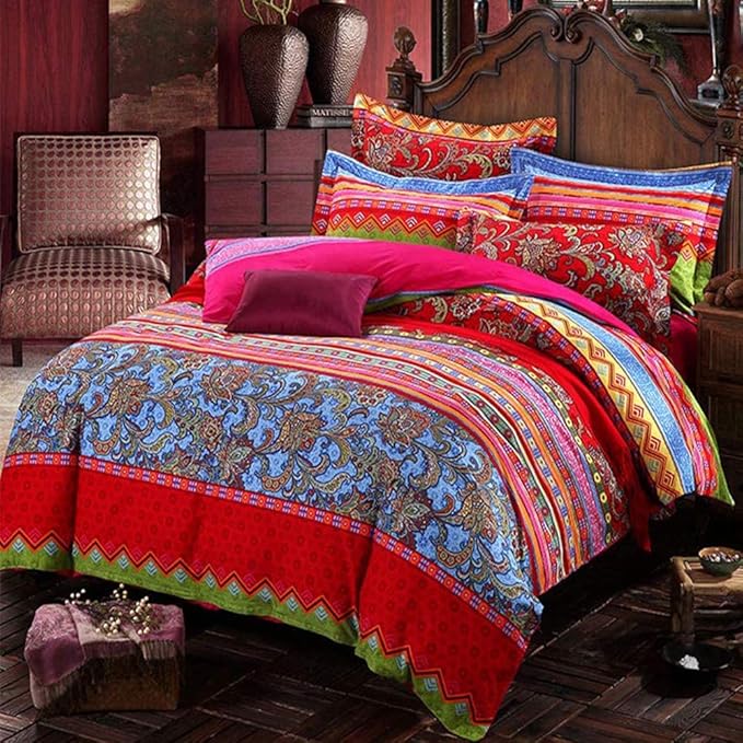 ABREEZE Bohemian Duvet Cover Set Colorful Red Boho Retro Bedding Set Damask Paisley Cotton Duvet Cover Tribal Reversible Bedding Exotic Style Comforter Cover 3-Piece Twin