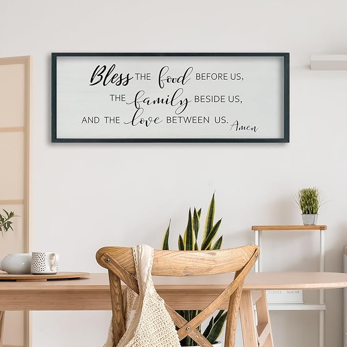 SRSZHIYUE Bless the Food Before Us Wall Sign Decor 40"×15" Christian Bible Verse for Farmhouse Rustic Kitchen Dining Room Framed Wood Scripture Religious Jesus Prayer Wall Art (Black)