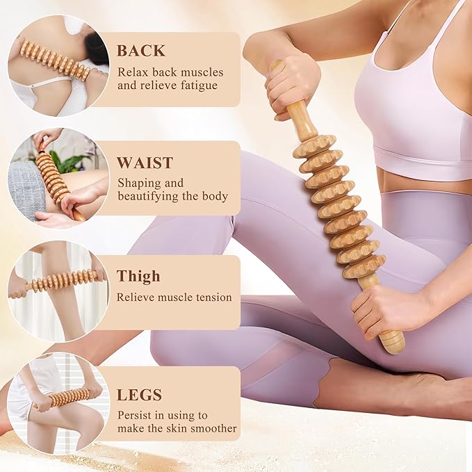 Wood Massage Roller Wood Therapy Massage Tools Body Roller Cellulite Roller Deep Tissue Muscle Roller Wooden Massager for Lymphatic Drainage, Maderoterapia, Muscle Pain Relief(Straight)