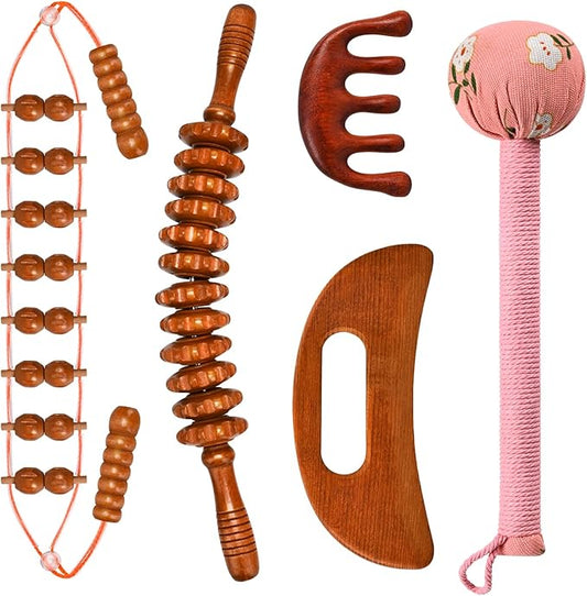 Wood Therapy Massage Tools 5-in-1 Lymphatic Drainage Massager for Muscle Pain Relief Maderoterapia Kit, Anti-Cellulite, Body Shaping&Contouring (set1)