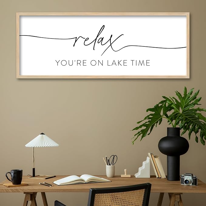 SRSZHIYUE Relax You're On Lake Time Wall Decor Above Bed Sign 40"×15" for Lake House Bedroom Over Bed Large Wood Framed Hanging Art (Wood)