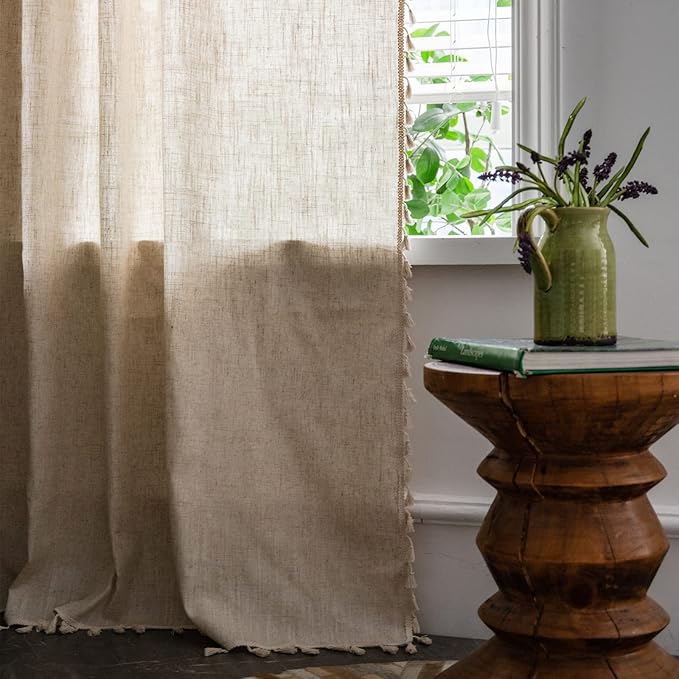 Sutuo Home Boho Curtain 63 Inches Long for Bedroom, Natural Linen Look Textured Burlap Rod Pocket Chic Semi Blackout Bohemian Handmade Tassels Window Treatment for Living Room, 1 Panel 59" W x 63" L