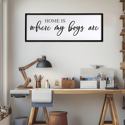 Home is Where My Boys are Sign Framed Wall Art, 32''×12'' Rustic Horizontal My Son Plaque with Black Frame for Baby Kid Boy Son Teen Toddlers Room, Horizontal Mom of Boys Gifts Nursery Decor