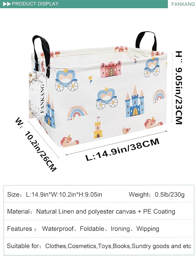 FANKANG Storage Bins, Nursery Hamper Canvas Laundry Basket Foldable with Waterproof PE Coating Large Storage Baskets for Kids Boys and Girls, Office, Bedroom, Clothes,Toys(Rec-castle carriage ）