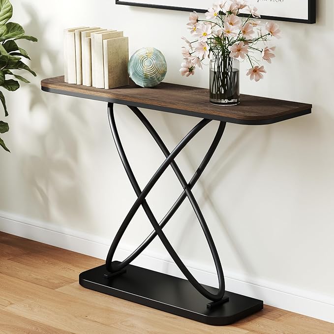 BECHAEO Farmhouse Narrow Console Table for Living Room, 47.4" Rustic Narrow Entryway Table, Sofa Tables Behind The Couch, Industrial Wooden Accent Tables for Hallway, Foyer Walnut