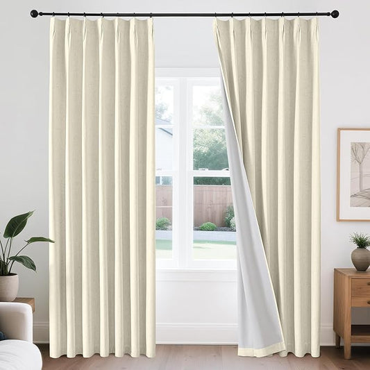 Joydeco 100% Blackout Pleated Curtains, Linen Window Curtains 2 Panel Sets 108 inches Long, Thermal Insulated Darkening Drapes for Bedroom(Linen,40'' Wx108'' L)
