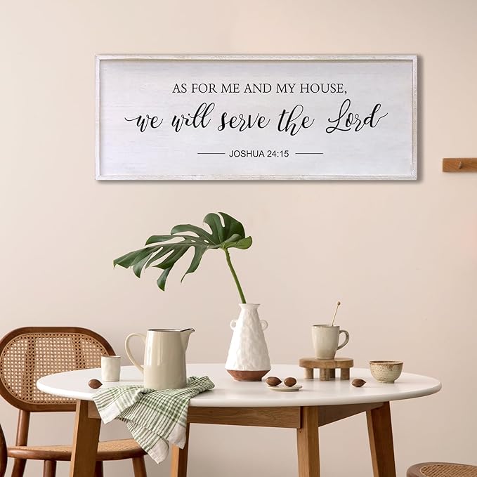As for Me and My House We Will Serve the Lord Wall Decor - 32" x 12" Large Rustic Family Living Room Wood Framed Home Sign Joshua 24 15 Christian Bible Verse Plaque Hanging Wall Art(White)