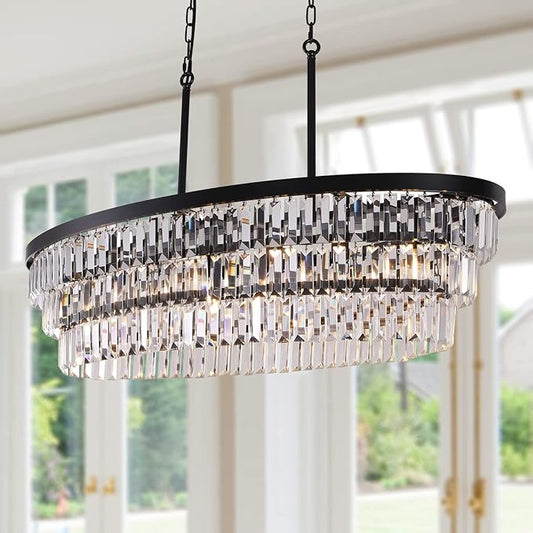 TOCHIC Chandelier 40 inch, Farmhouse Black Crystal Chandelier, Kitchen Island Lighting, Dining Room Light Fixture for High Ceiling, Modern Linear Oval Chandeliers for Living Room, Office Area, Bar