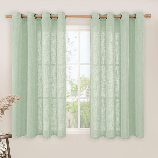 LAMIT Semi Sheer Linen Curtains 45 Inches Long, Light Filtering Panels Bronze Grommet Neutral Drapes for Kitchen/Window/Bedroom, Fresh Green, 2 Panels, 52 x 45 Inch