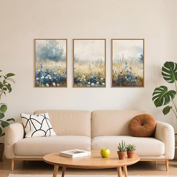 Celestdeco Nature Wildflower Framed Canvas Wall Art Set, Pastoral Landscape Wall Decor, Colorful Meadow Wall Painting, Rustic Floral Art Print for Living Room, Bedroom, Office - 24"X36"X3