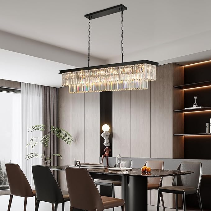 Crystal Chandeliers for Dining Room Light Fixtures Over Table，18-Lights Black Modern Rectangle Chandeliers for Kitchen Island Bar L46 Inch