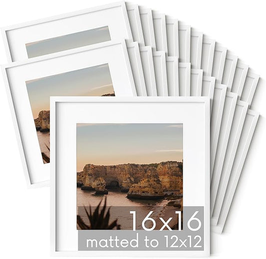 HAUS AND HUES 16x16 White Metal Picture Frames Matted to 12x12 - Features Premium Aluminum & Hanging Hardware, Shatterproof Plexiglass - Ideal for Home, Room, Office (16x16 in, White, Set of 25)