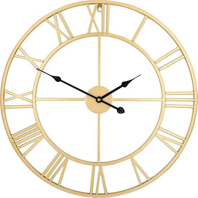 LEIKE Large Modern Wall Clocks,24" Gold Metal,Rustic,Round,Silent Non Ticking,Battery Operated Roman Numerals Clock for Living Room/Bedroom/Kitchen Wall Decor-(Gold, 60cm)
