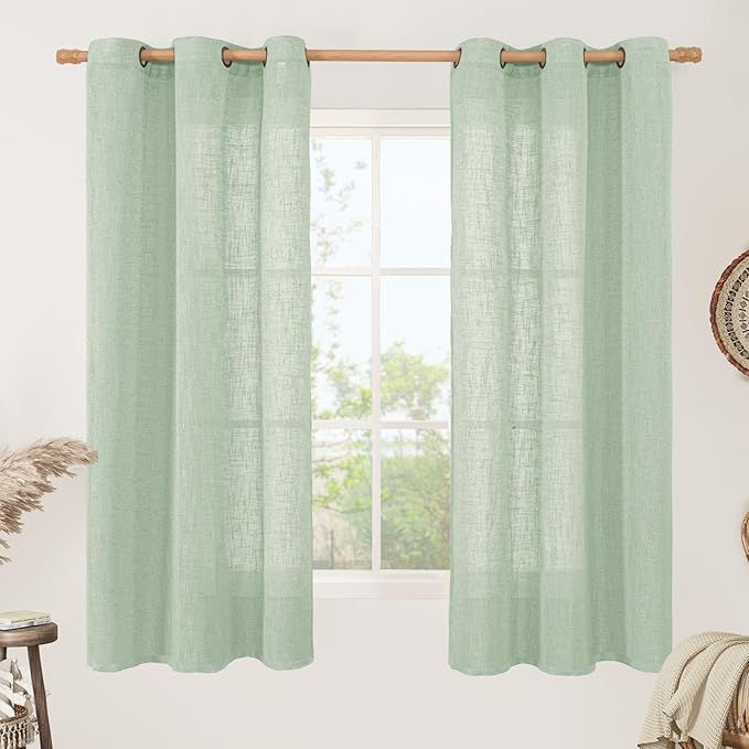 LAMIT Fresh Green Linen Sheer Curtains 63 Inch Length for Bedroom, Light Filtering Panels with Bronze Grommet for Living Room Faux Linen Textured Spring Decor Drapes, 2 Panels, 34 X 63 Inch