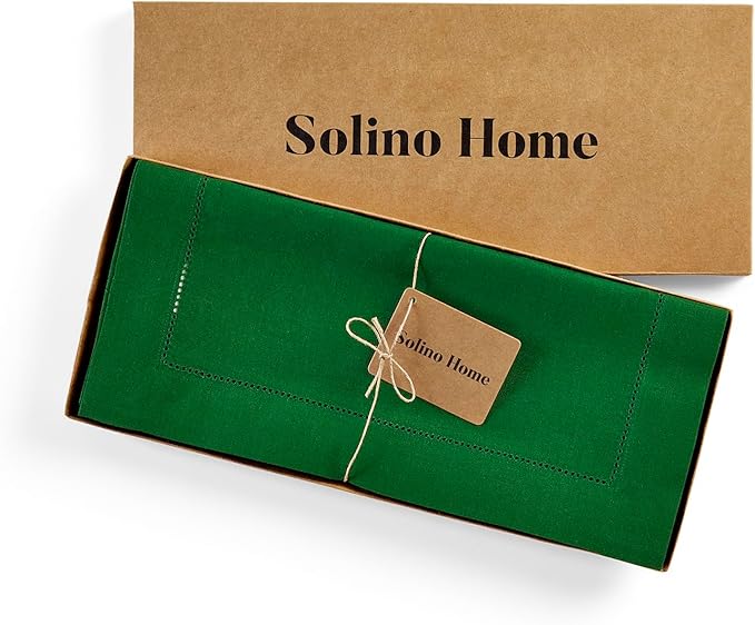 Solino Home Linen Garden Green Table Runner 144 Inches Long - 100% Pure Linen Extra Long Table Runner 14 x 144 Inch - Classic Hemstitch
