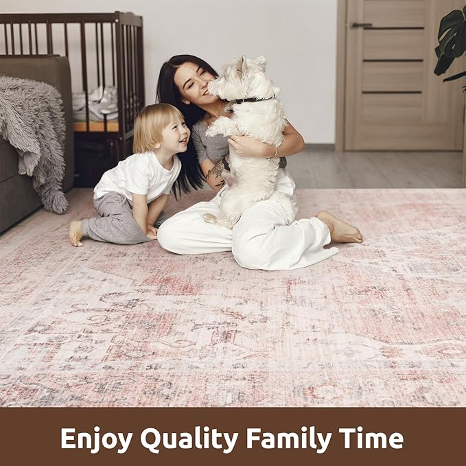 AMOAMI-Area Rug 8X10 Rugs for Living Room-Vintage Soft Pink Rugs for Bedroom-Non Slip Carpet-Washable Rug for Dining Room Living Room Bedroom Office Under Table