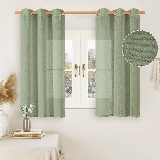 LAMIT Sage Green Linen Curtains for Windows 2 Panels Set, 48 Inch Linen Textured Light Filtering Drapes Bronze Grommet Boho Panels for Farmhouse/RV Camper/Loft, 34 x 48 Inch