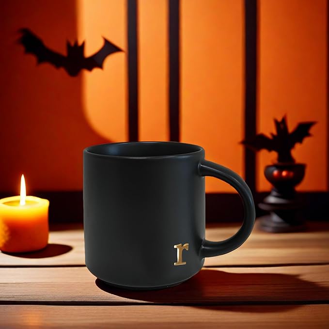 COLLECTIVE HOME - Black Monogram Ceramic Mugs, 15 oz Golden Initial Coffee Cups, Elegant Alphabet Tea Mugs, Personalized Halloween Mug with Gift Box, Perfect for Office and Home Décor (r)