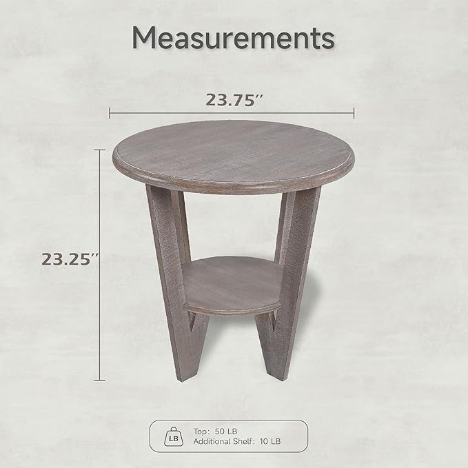Rustic Farmhouse end Table with Storage Shelf, French Country Accent Side Table for Family, Dinning or Living Room, Small Spaces, Modern, Round, Vintage Grey Finish